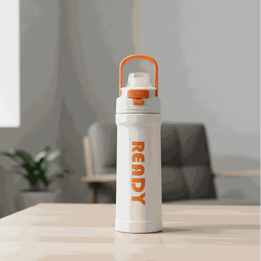 ReadyFlow bottle black and white stainless steel with flip-top lid and carry loop for gym and travel hydration