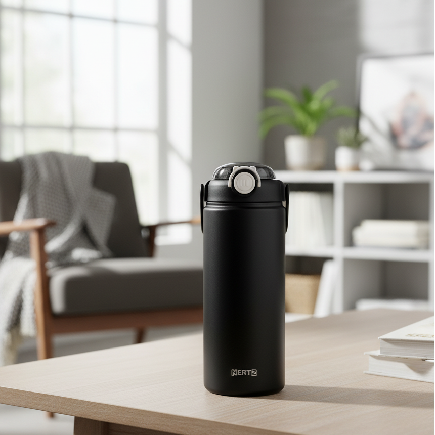 NertZ.in Grand Sippers 1200 Curve, a black insulated bottle with a white button on a wooden table