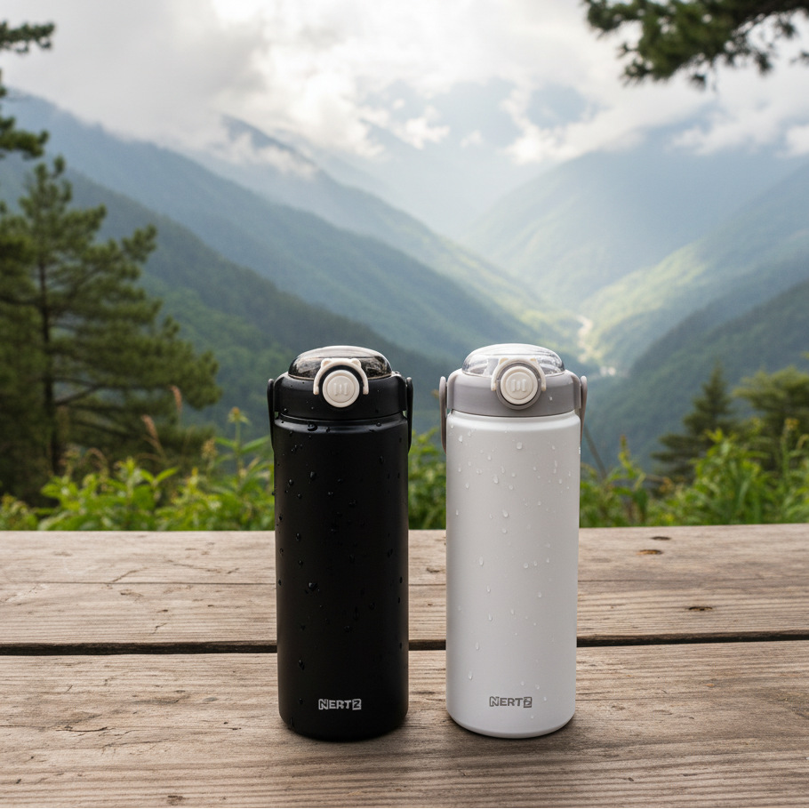 Two NertZ.in Grand Sippers 1200 Curve bottles, one black and one white, on a wooden table outdoors