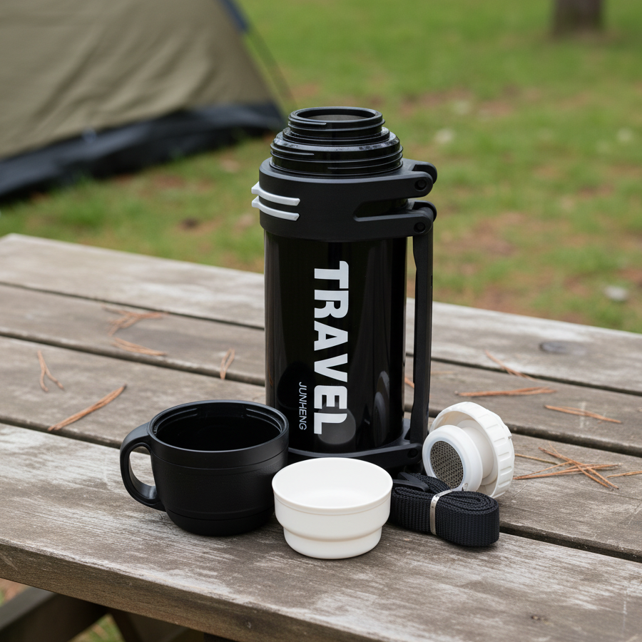 NertZ.in Trail Blazer Flask with a black cup, white bowl, and strap on a wooden table
