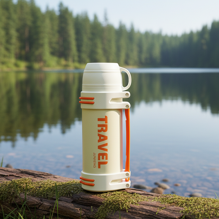 NertZ.in Trail Blazer Flask on a mossy log by a lake with pine trees