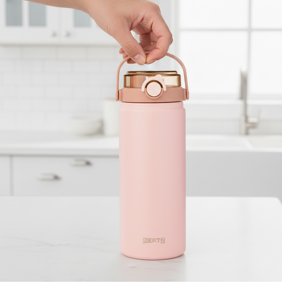 Hand holding a NertZ.in Grand Sippers 1200 in pink with a brown lid, in a kitchen setting