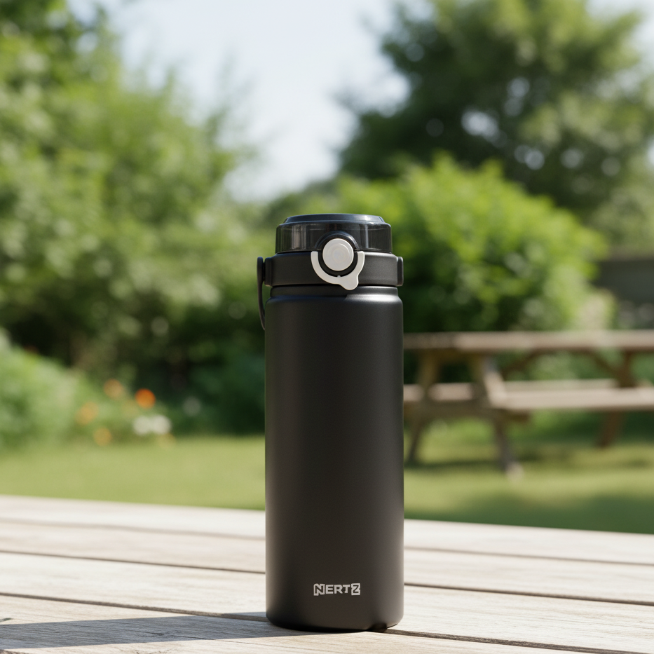 NertZ.in Grand Sippers 1200 black water bottle on a wooden table outdoors