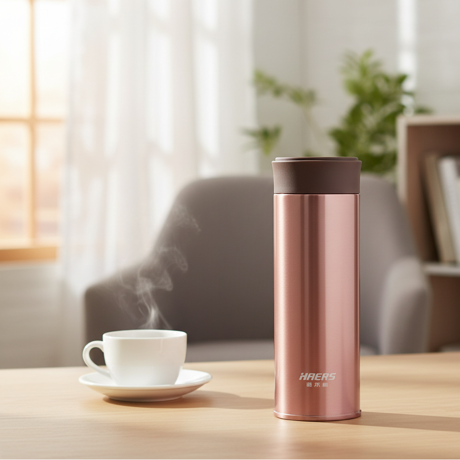 NertZ.in Bag Buddy Bottle in rose gold with a brown lid, next to a steaming cup of coffee