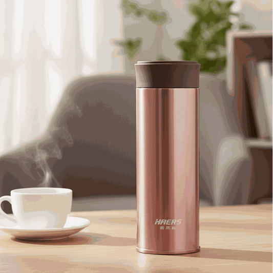 NertZ.in Bag Buddy Bottle in rose gold with a brown lid, next to a steaming cup of coffee