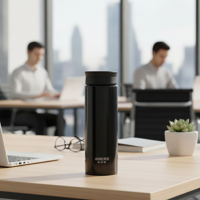 NertZ.in Bag Buddy Bottle in black on an office desk with a laptop and glasses