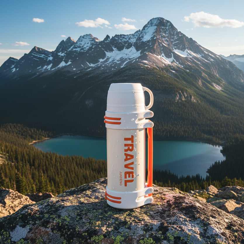 NertZ.in Trail Blazer Flask on a rock with mountains and a lake in the background