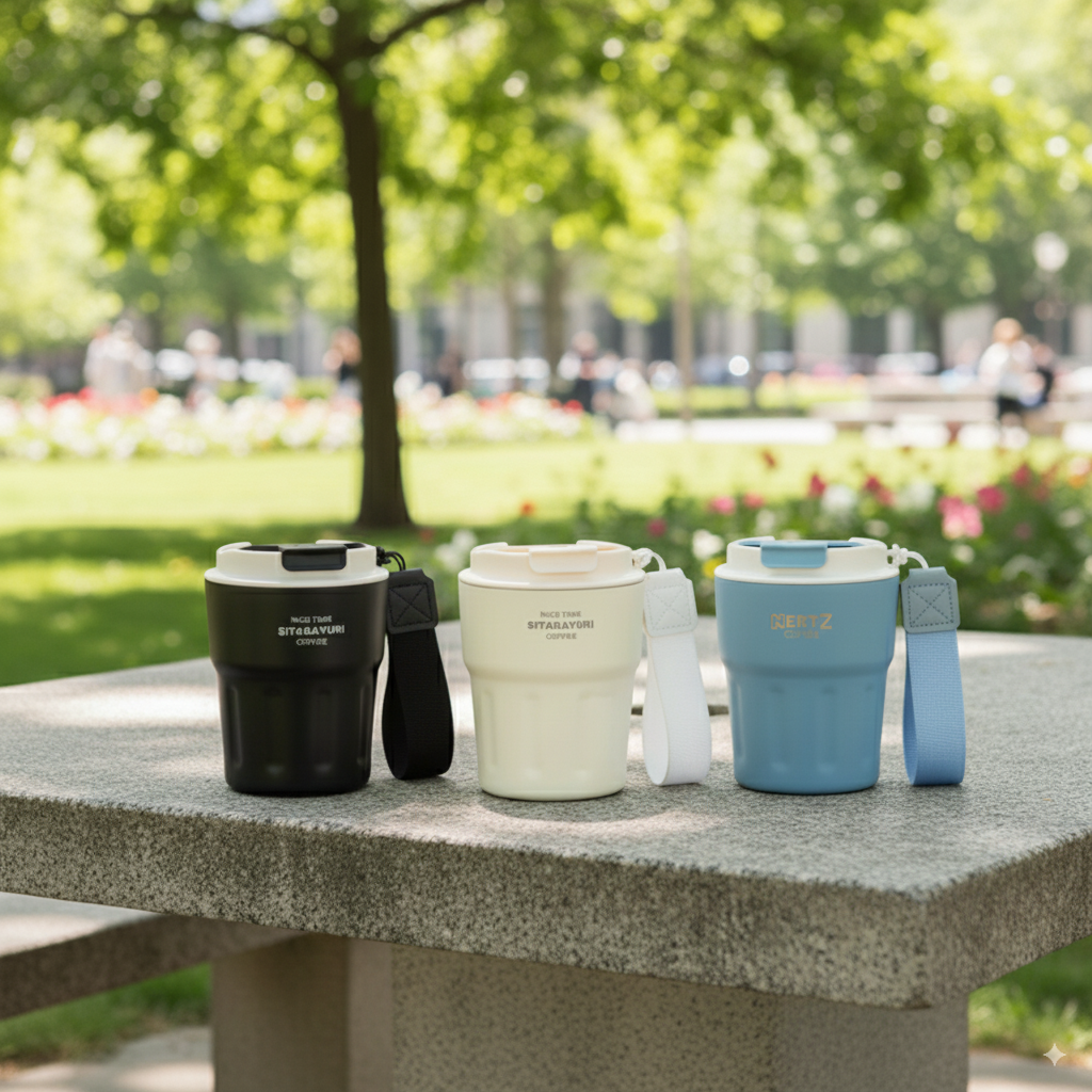 Three NertZ.in Wander Grip Mugs in black, cream, and blue on a stone bench in a park