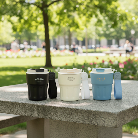 Three NertZ.in Wander Grip Mugs in black, cream, and blue on a stone bench in a park