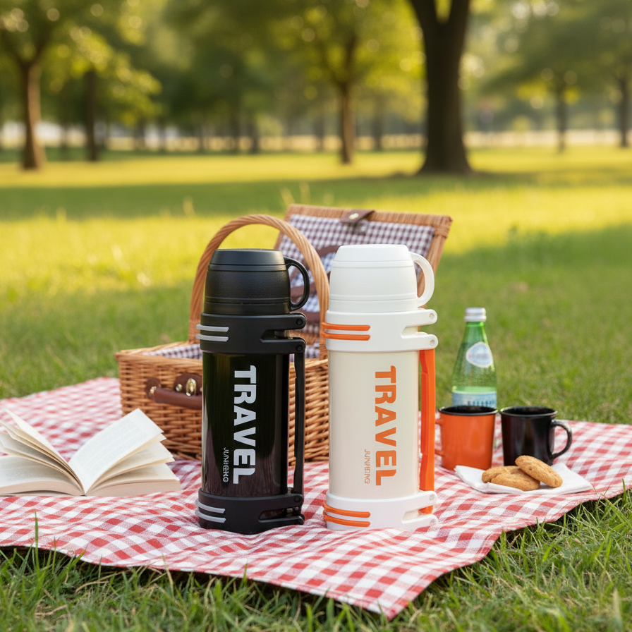 NertZ.in Trail Blazer Flask in black and white on a picnic blanket with a book and snacks