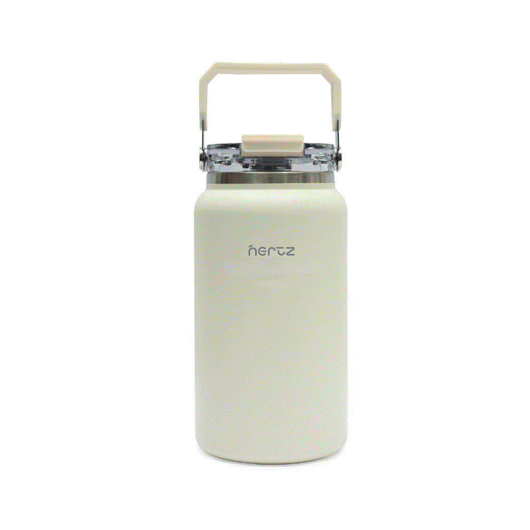 Blue HydroVault water bottle made of stainless steel with integrated handle and flip-top sipper lid