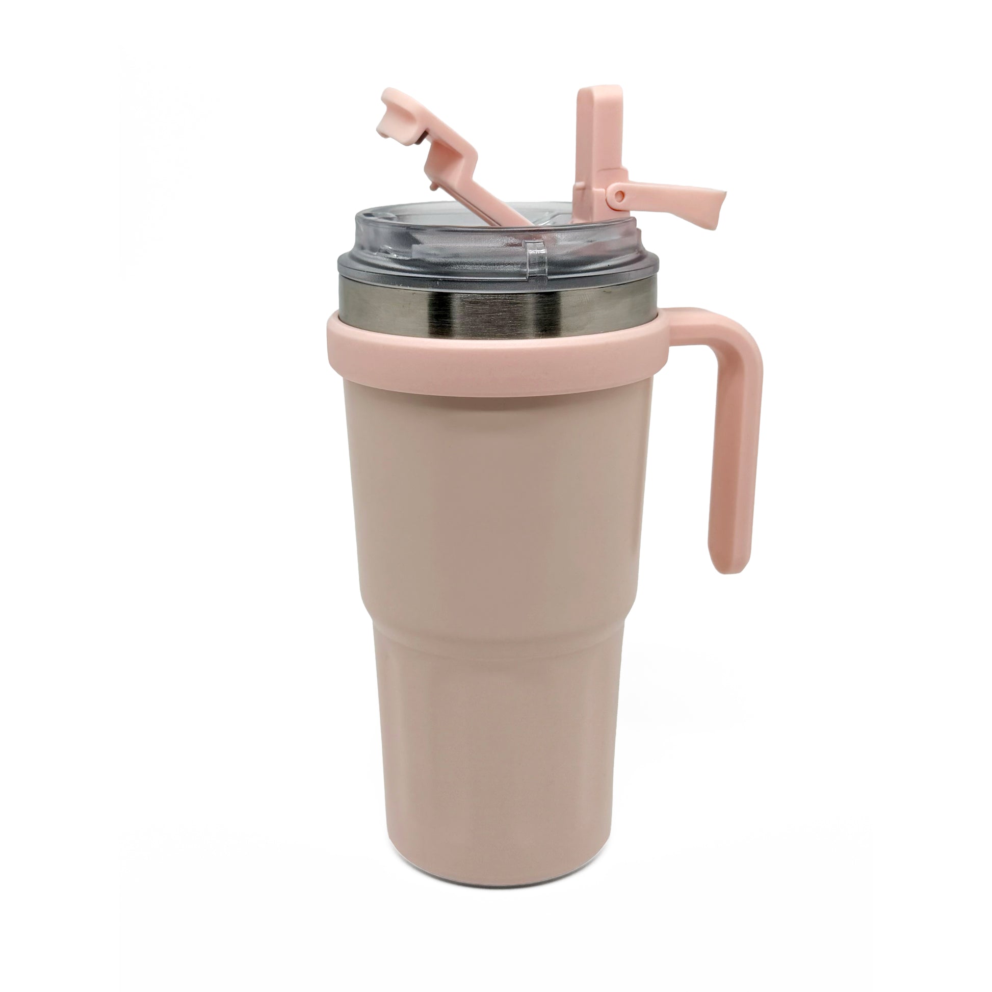 NertZ.in Nertz Groove tumbler in light pink with a handle and a clear lid with a straw opening
