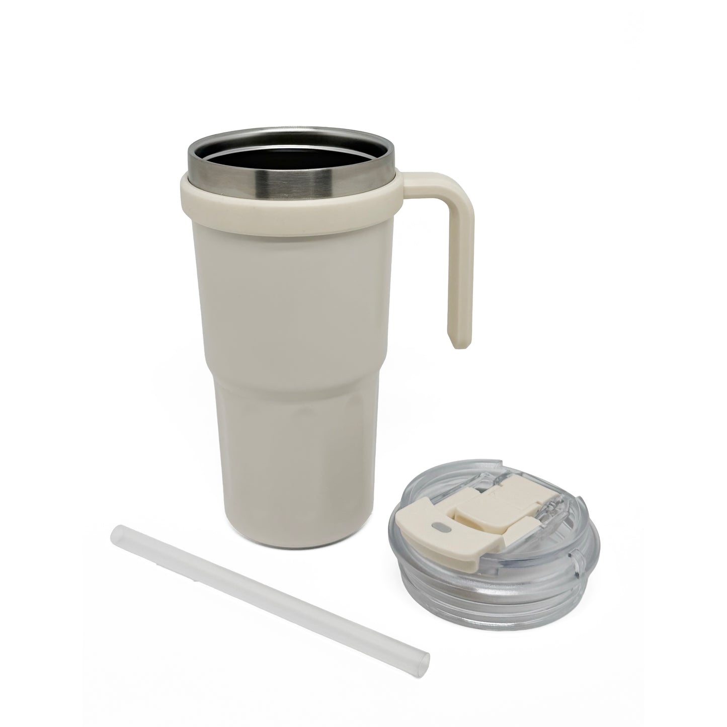 Nertz Groove tumbler by NertZ.in, a beige insulated mug with a handle, clear lid, and straw