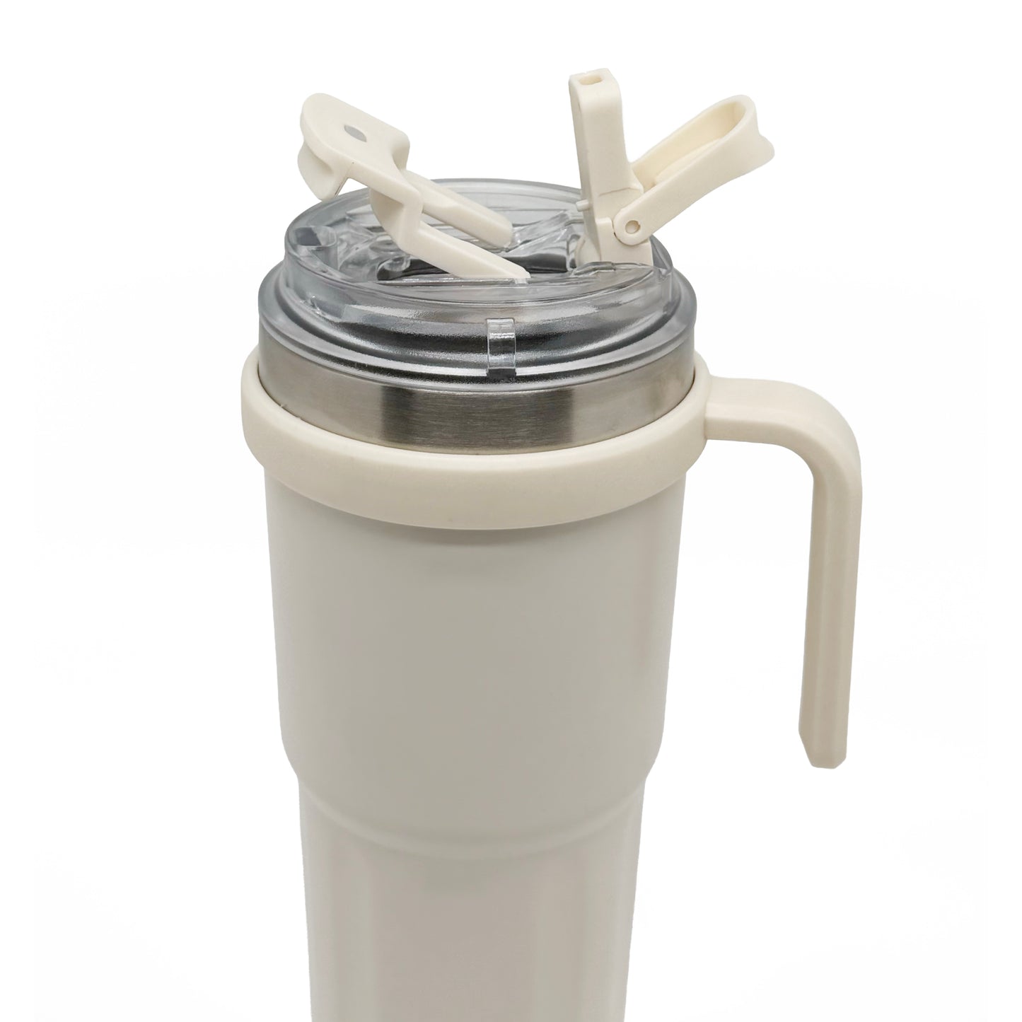 NertZ.in Nertz Groove tumbler, a cream-colored insulated cup with a clear lid and cream handle