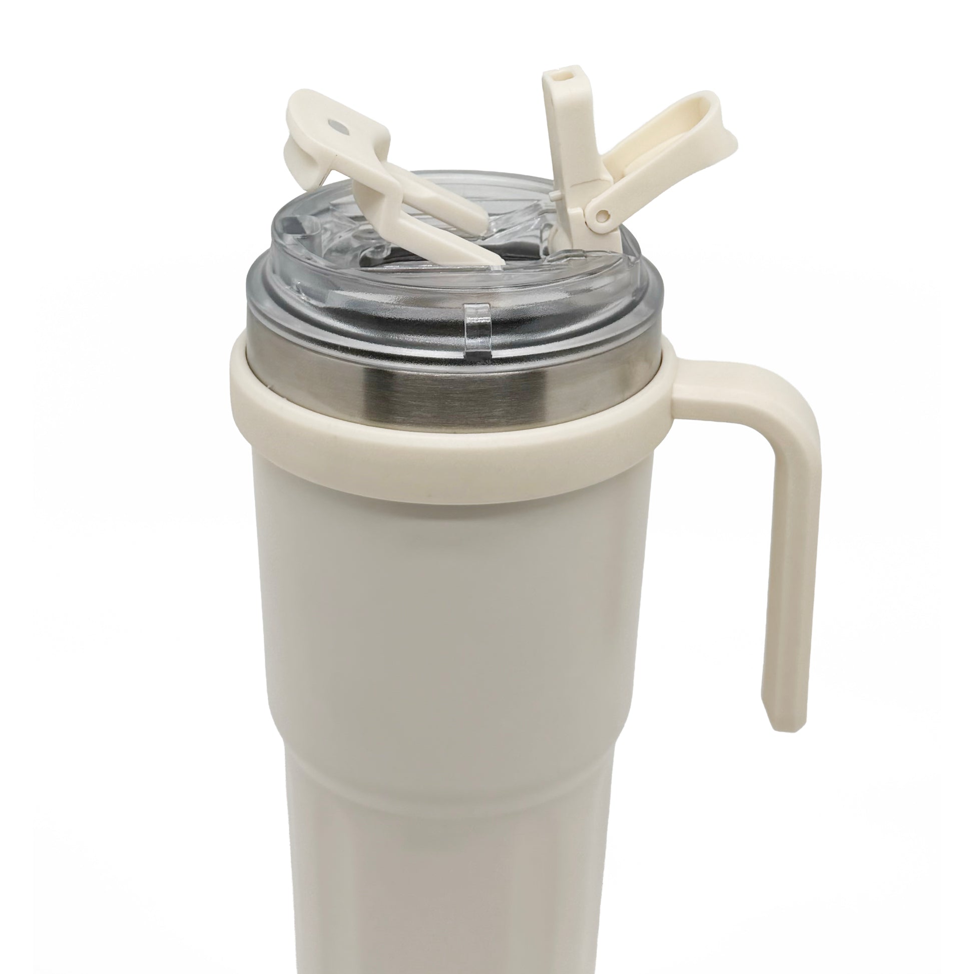 NertZ.in Nertz Groove tumbler, a cream-colored insulated cup with a clear lid and cream handle