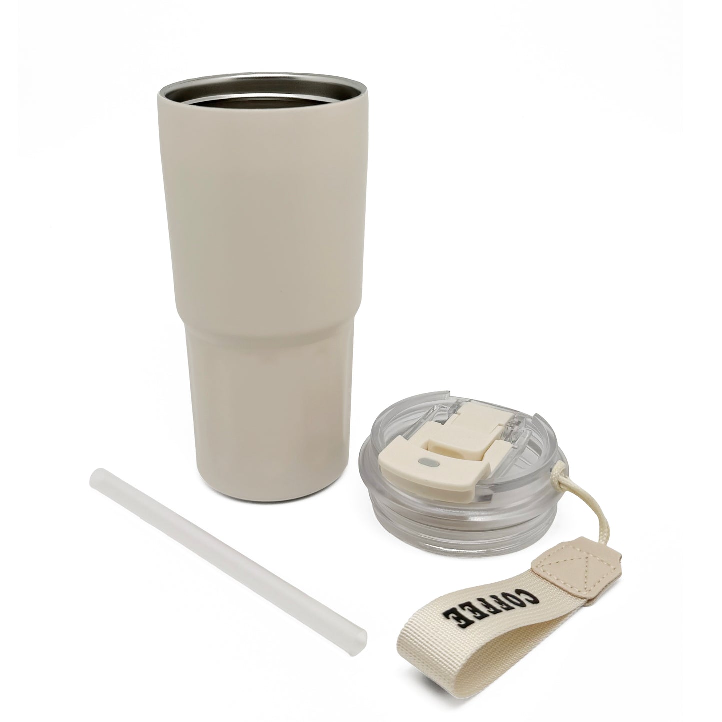 Nertz Drift insulated tumbler in beige with a clear lid, straw, and a fabric strap that says COFFEE