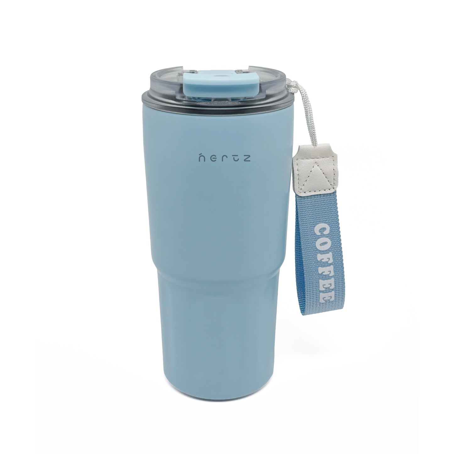 NertZ.in Nertz Drift light blue tumbler with a clear lid and a blue strap that says COFFEE
