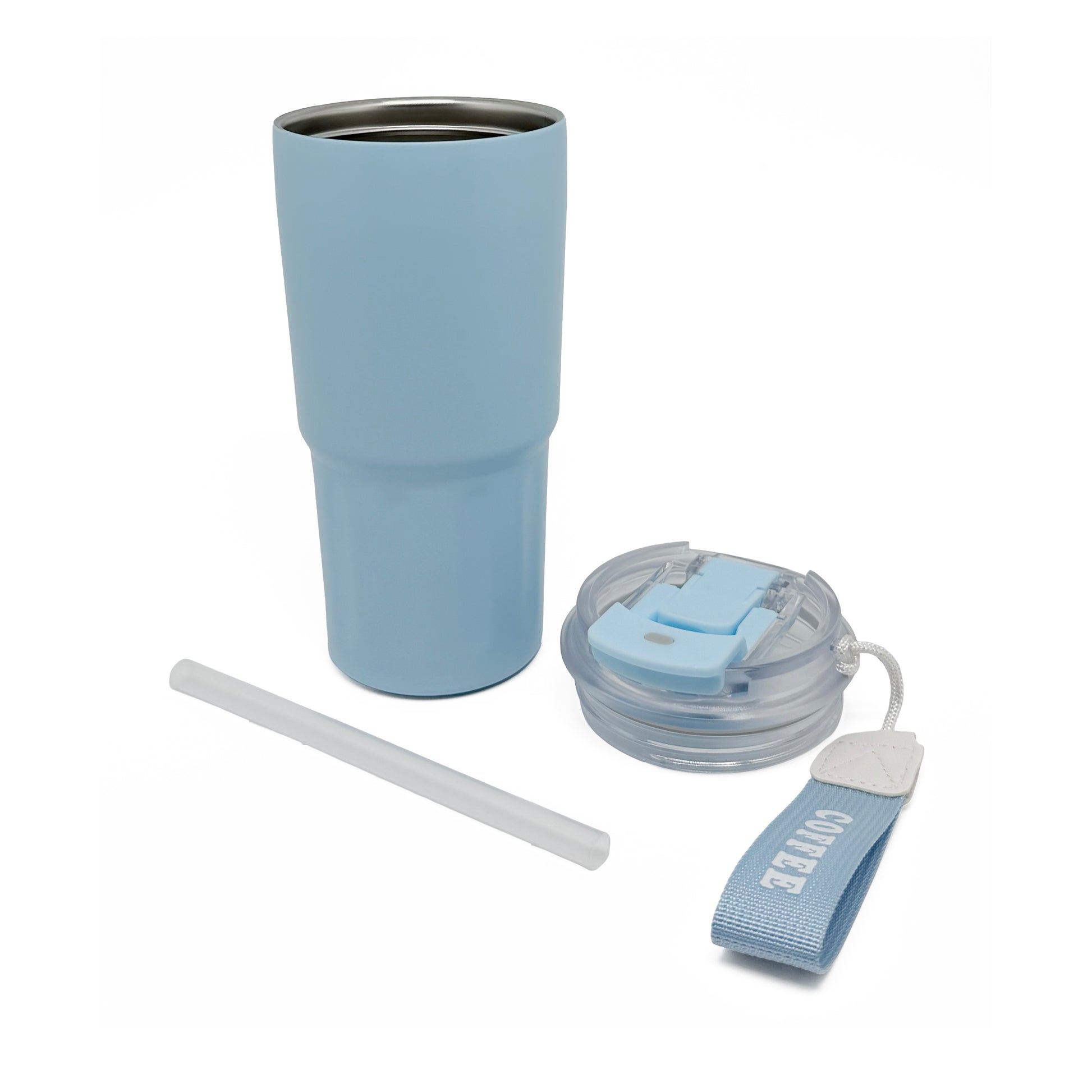 Nertz Drift light blue tumbler with clear lid, straw, and a light blue strap that says COFFEE