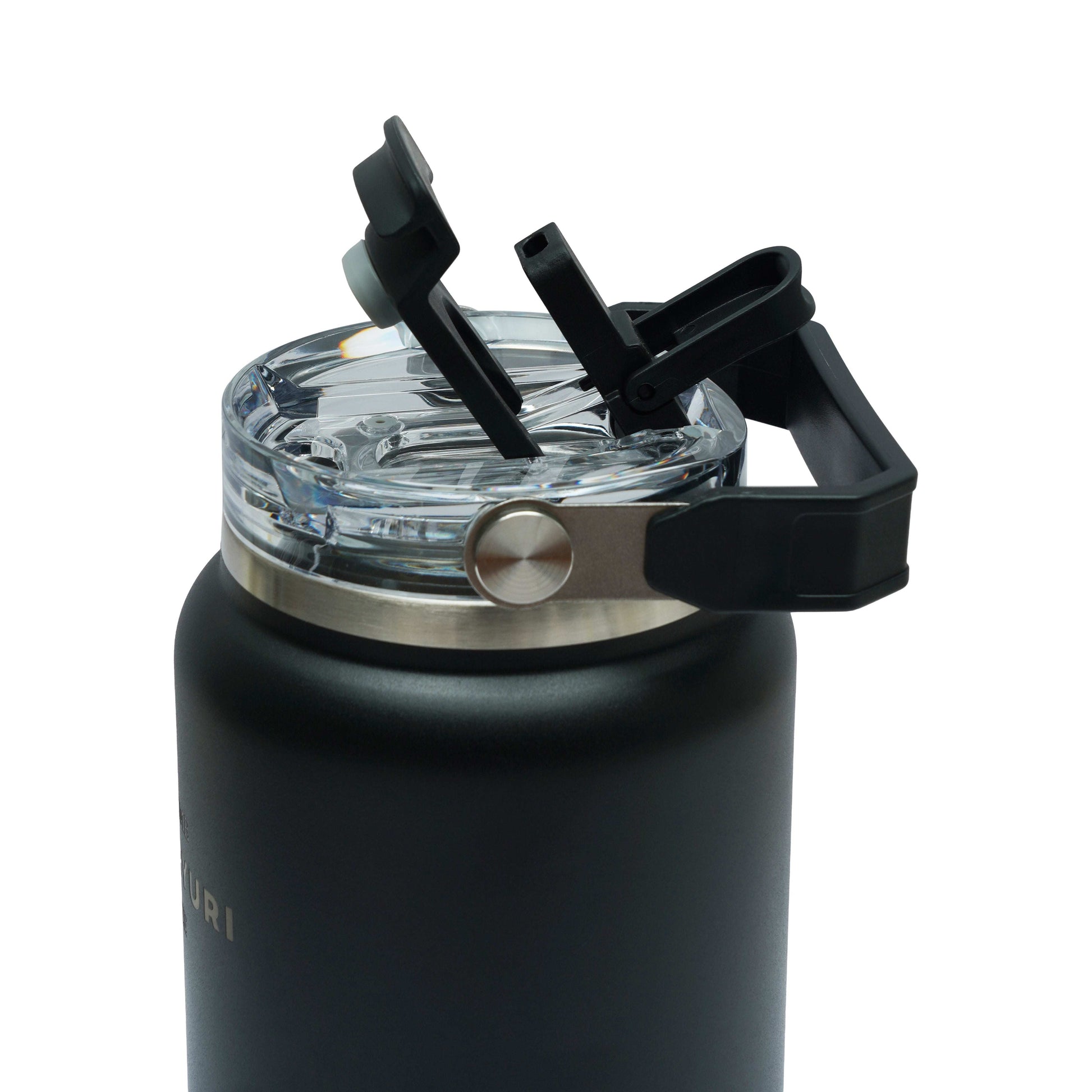 HydroVault water bottle with stainless steel body, vacuum insulation, spill-proof lid, and carry handle for daily hydration.