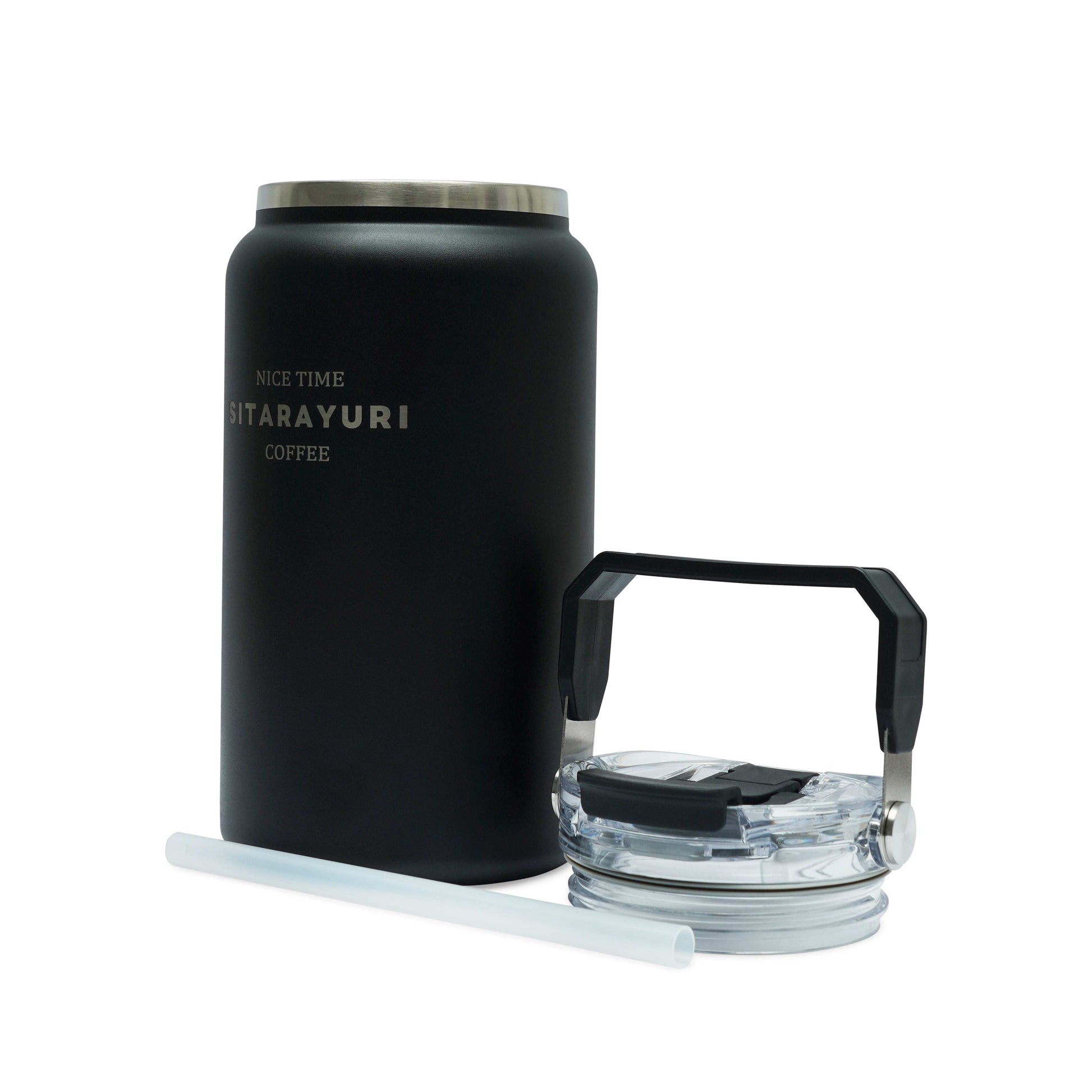 Blue HydroVault water bottle with stainless steel body, flip-top lid, built-in straw, and carry handle for insulated hydration