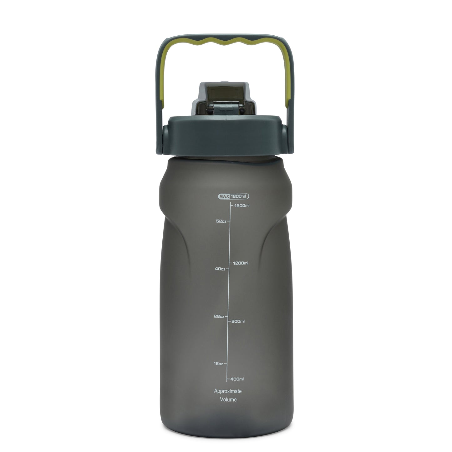 Nertz Aquabolt 1.8L BPA-free water bottle with flip-top lid and integrated handle in green and grey colors