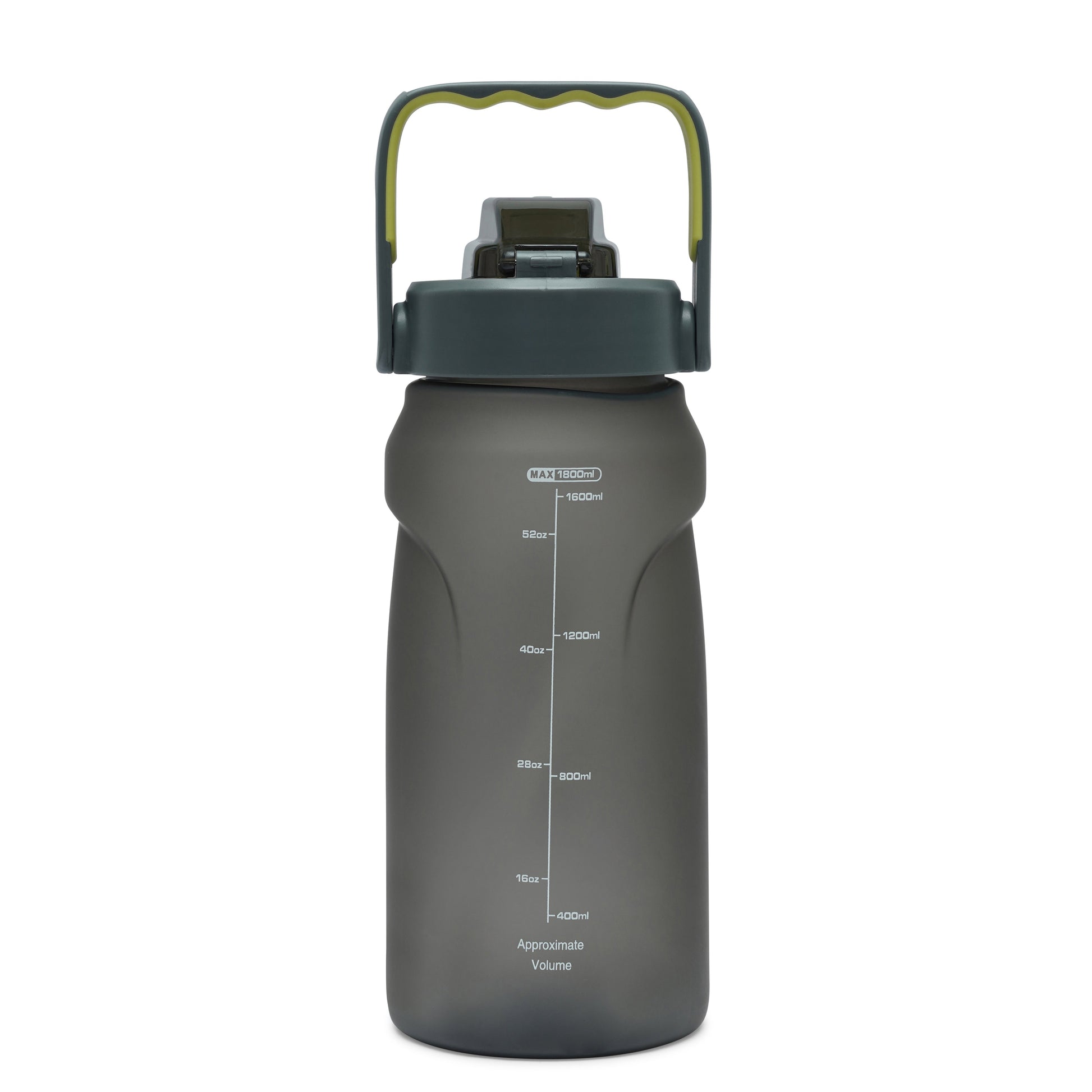 Nertz Aquabolt 1.8L BPA-free water bottle with flip-top lid and integrated handle in green and grey colors