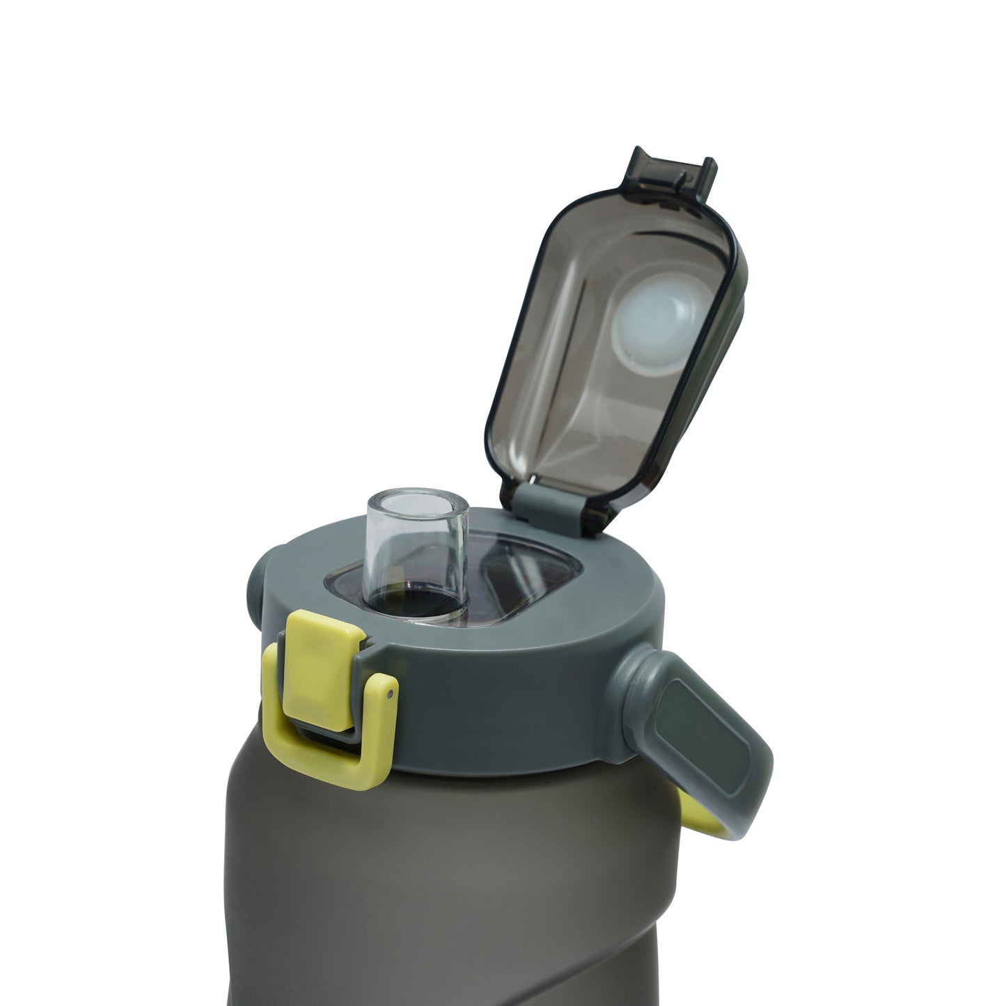Nertz Aquabolt 1.8L BPA-free water bottle with flip-top lid, integrated handle, and removable straw in green and grey colors.