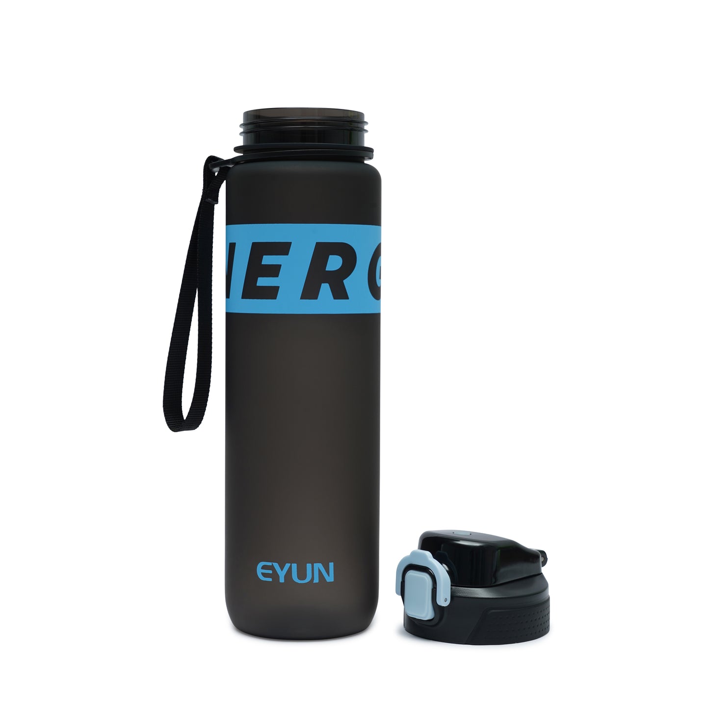 NertZ.in Nertz Flowmate water bottle, black with blue accents and a black strap
