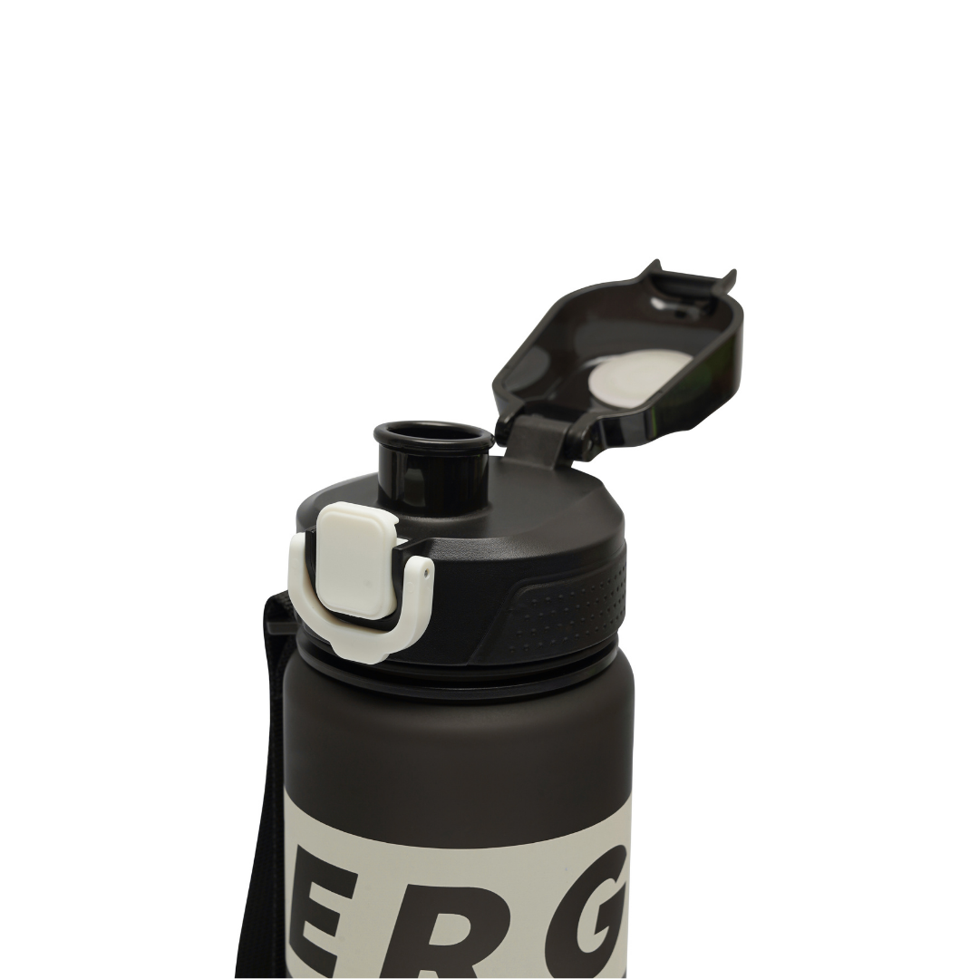 NertZ.in Nertz Flowmate water bottle, black with white text, lid open