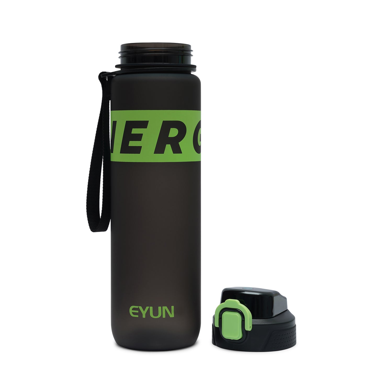 NertZ.in Nertz Flowmate water bottle, black with green accents, lid off