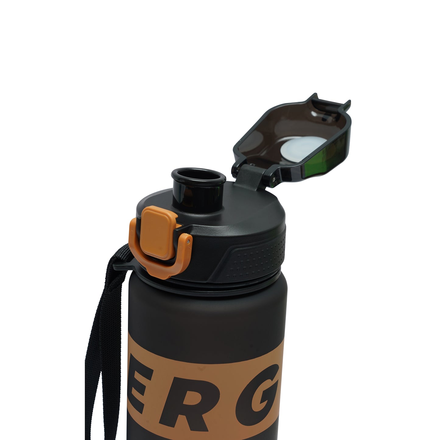 NertZ.in Nertz Flowmate water bottle, black with orange accents and a black strap