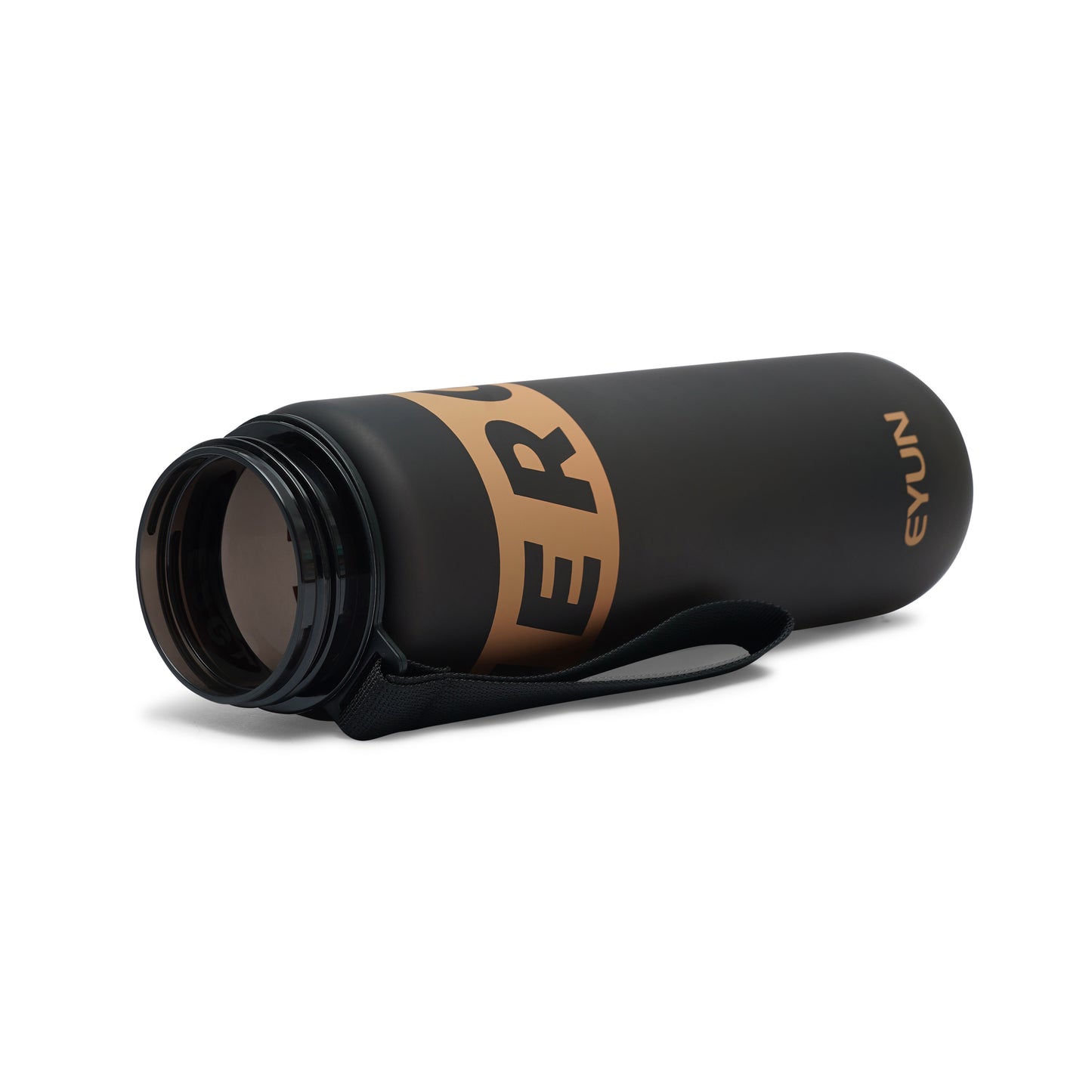 NertZ.in Nertz Flowmate water bottle, black with gold lettering, lying on its side