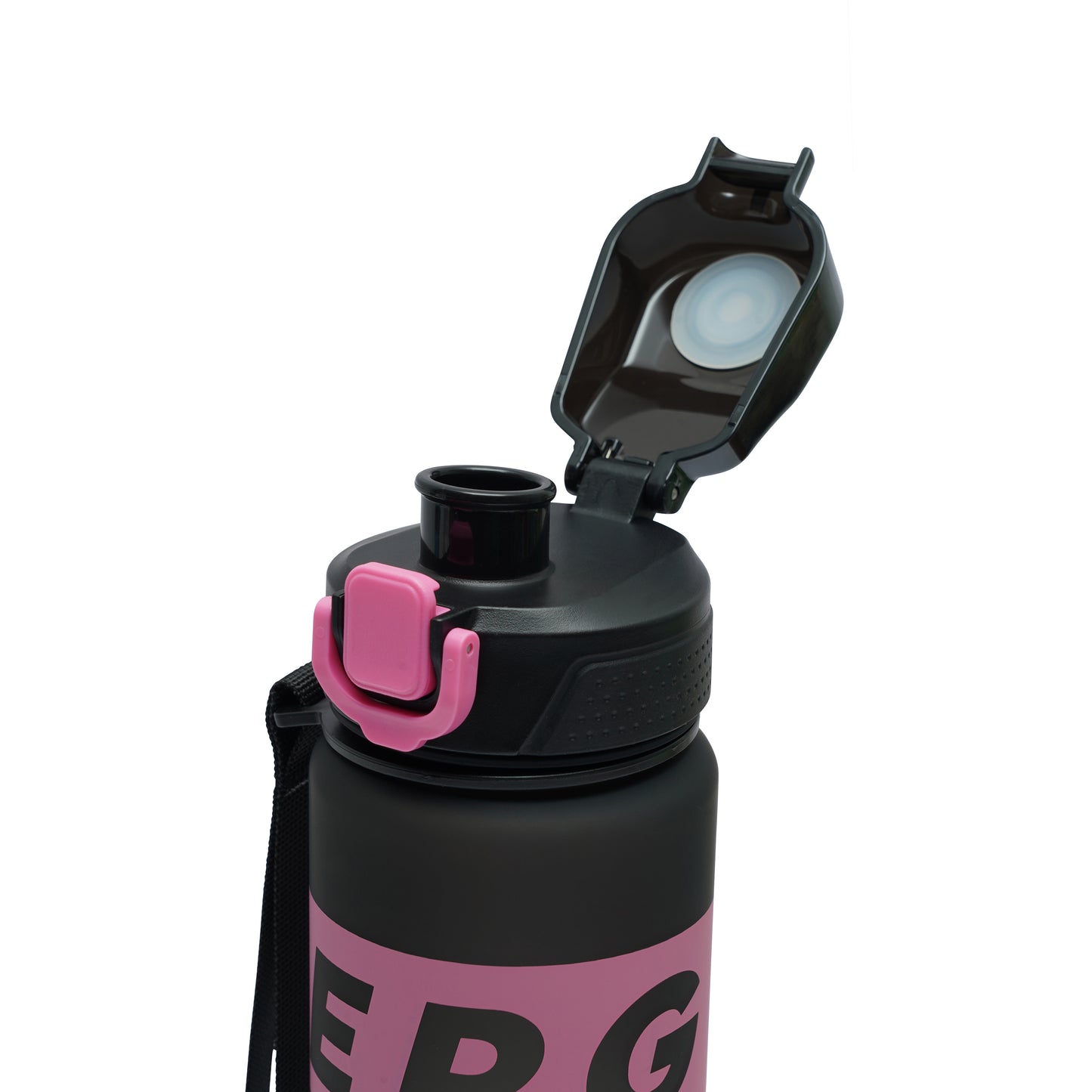 NertZ.in Nertz Flowmate water bottle, black with pink accents, lid open