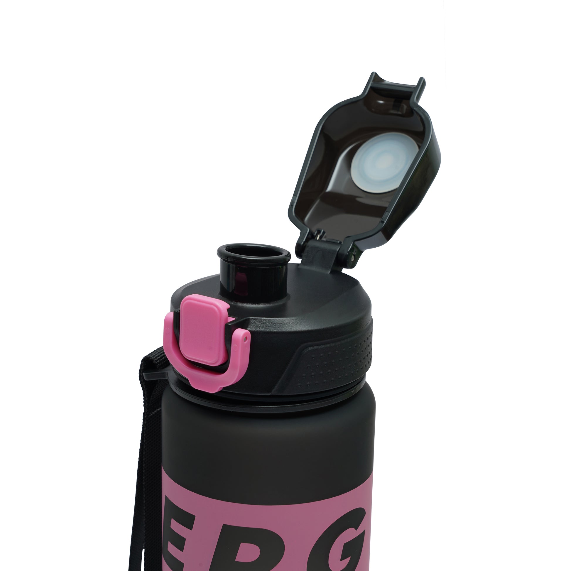 NertZ.in Nertz Flowmate water bottle, black with pink accents, lid open