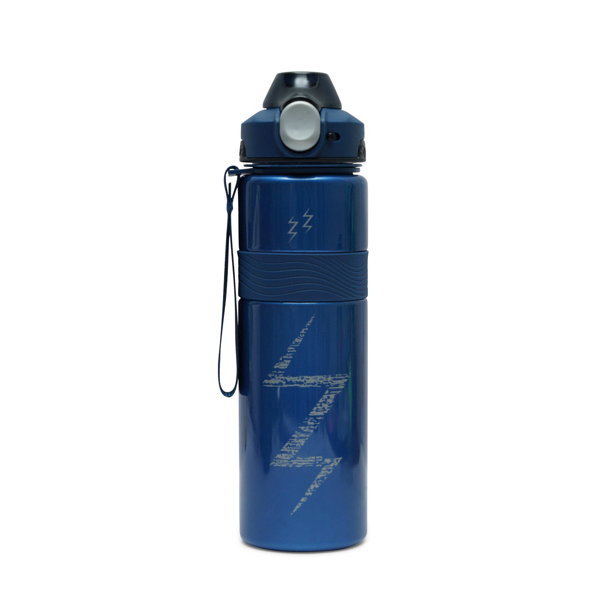 Nertz Aqua Gear 1000ml durable water bottle with flip-top lid and fabric loop handle in black, blue, and grey.