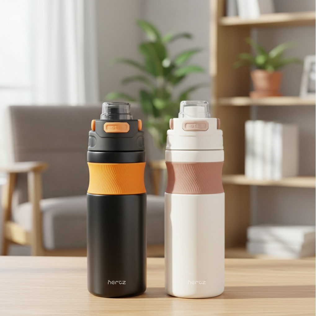 Two Nertz Grip 600 bottles, one black with orange grip, one white with brown grip, on a wooden table