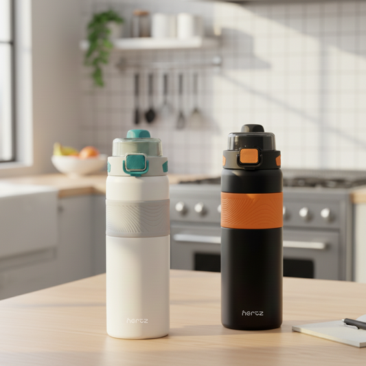 Two Nertz Grip 800 water bottles, one white and one black, on a kitchen counter