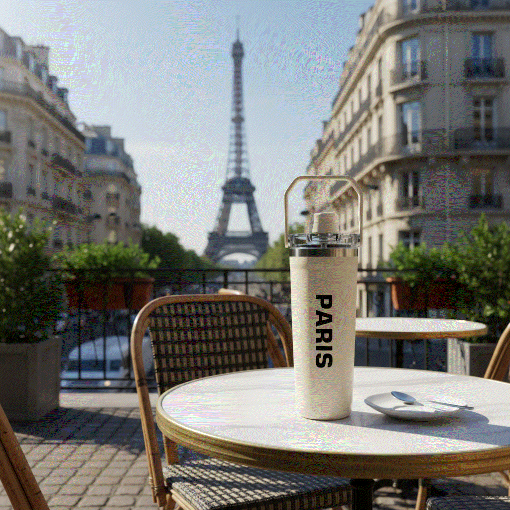 NertZ.in Travel with Nertz Edition tumbler on a cafe table with the Eiffel Tower in the background